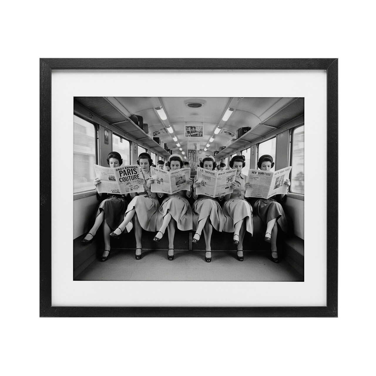 Stupell Industries Newsprint Ladies on Train Framed Print Under Glass, design by A Barefoot Stylist